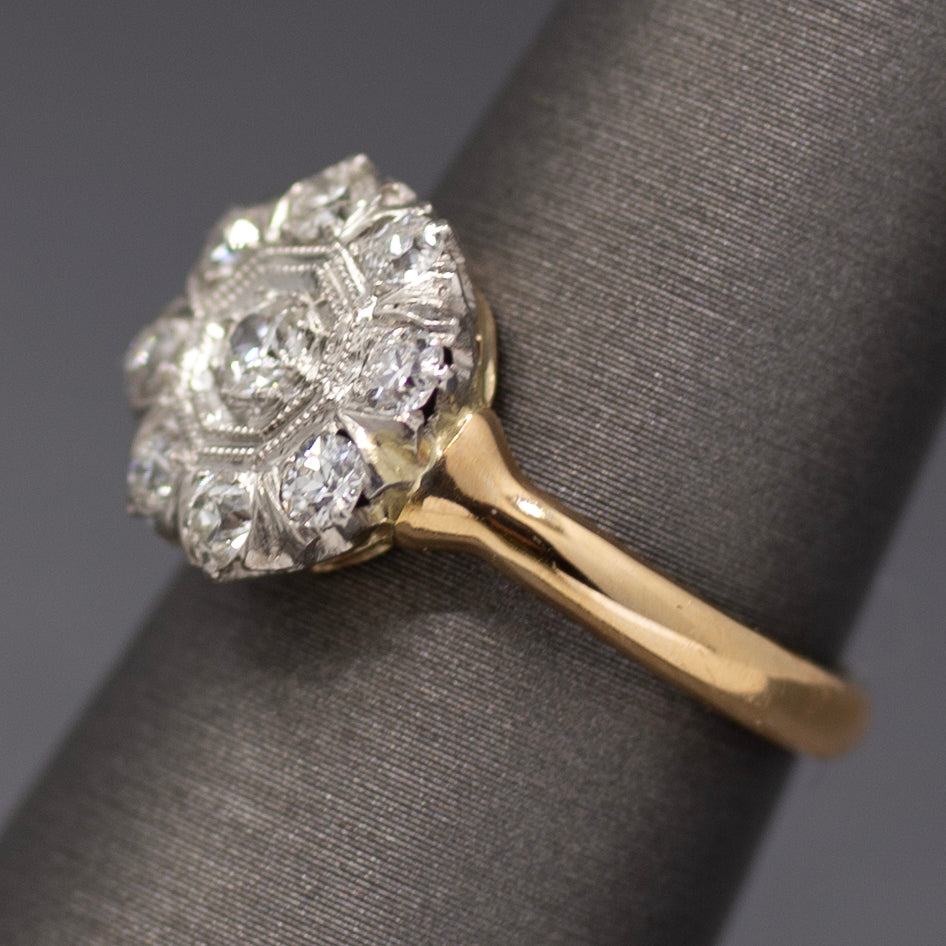 Darling Old European Cut Diamond Cluster Daisy Ring in 14k Yellow Gold