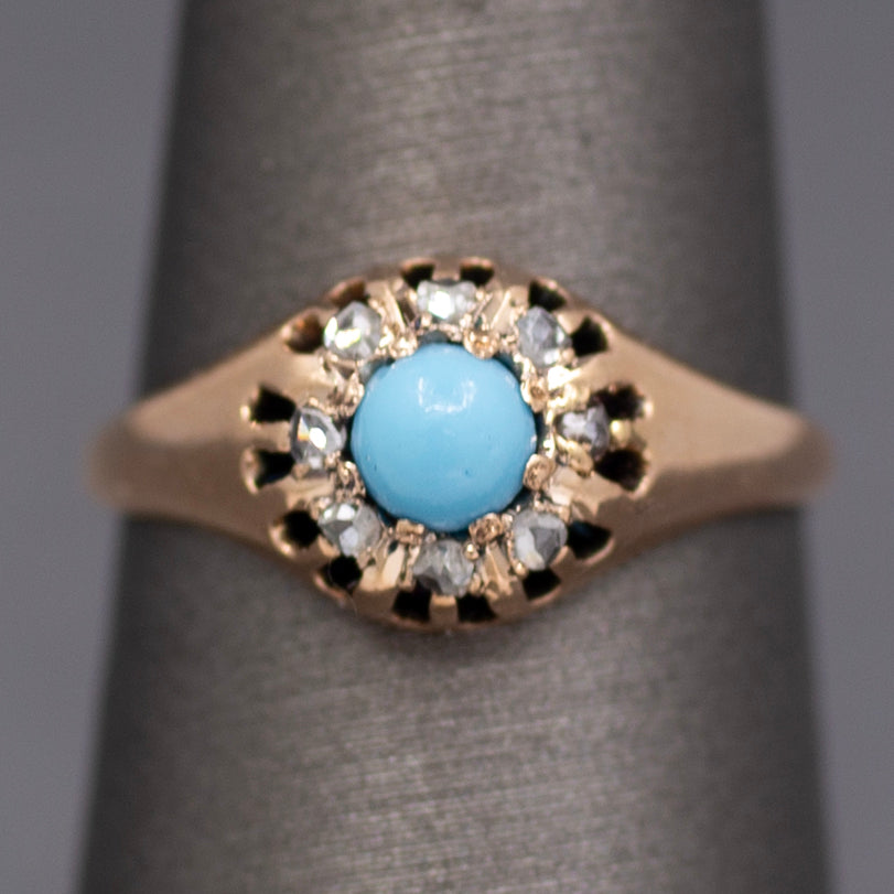 Darling Victorian Turquoise and Rose Cut Diamond Halo Ring in 14k Rose Gold