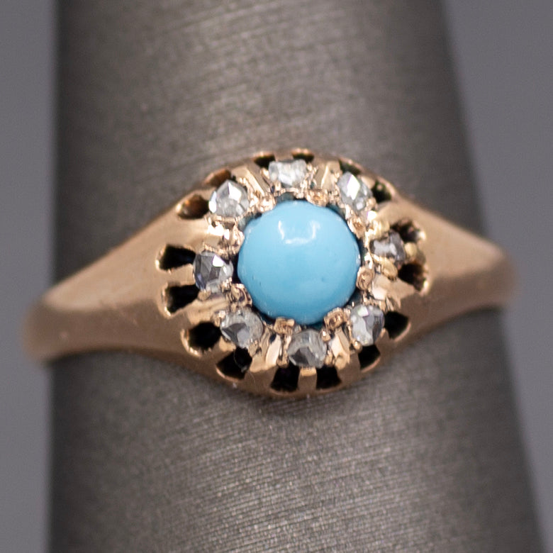 Darling Victorian Turquoise and Rose Cut Diamond Halo Ring in 14k Rose Gold