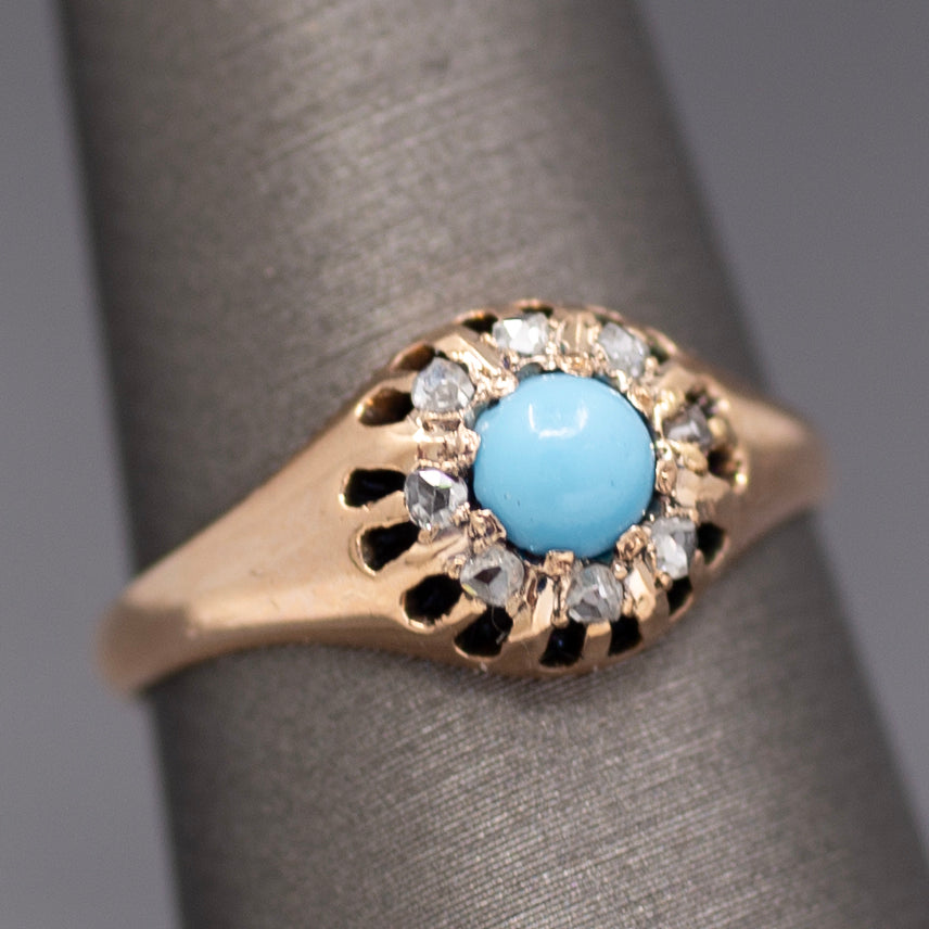 Darling Victorian Turquoise and Rose Cut Diamond Halo Ring in 14k Rose Gold