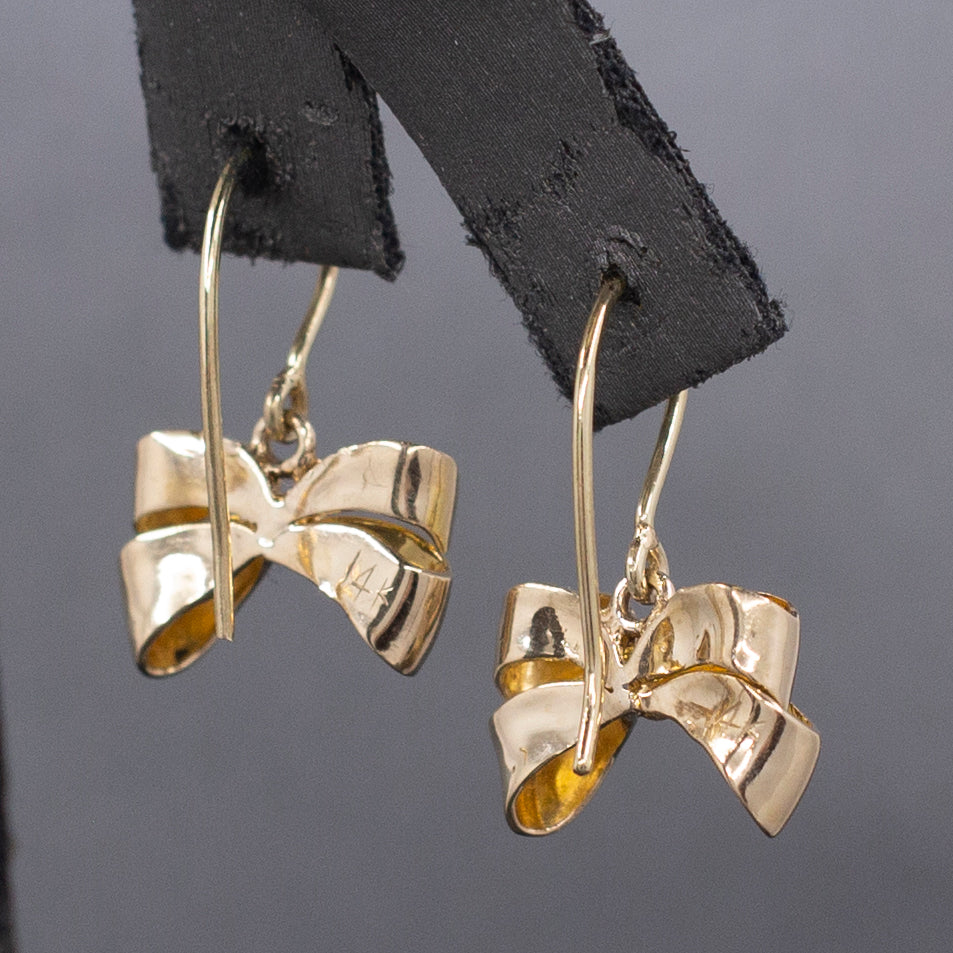 Absolutely Adorable Vintage Ribbon Bow Dangle Earrings in 14k Yellow Gold