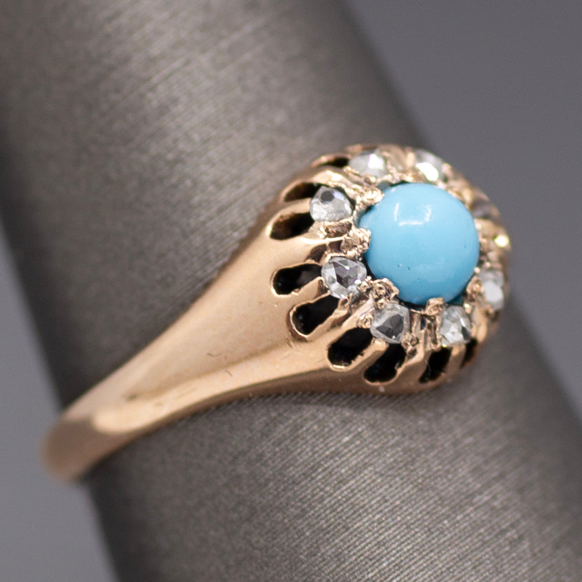 Darling Victorian Turquoise and Rose Cut Diamond Halo Ring in 14k Rose Gold