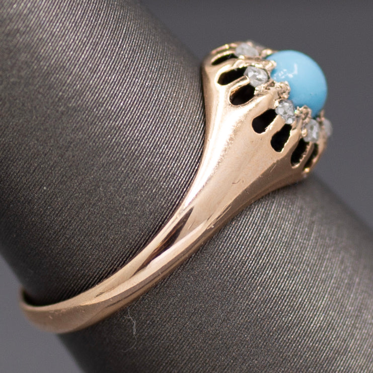 Darling Victorian Turquoise and Rose Cut Diamond Halo Ring in 14k Rose Gold