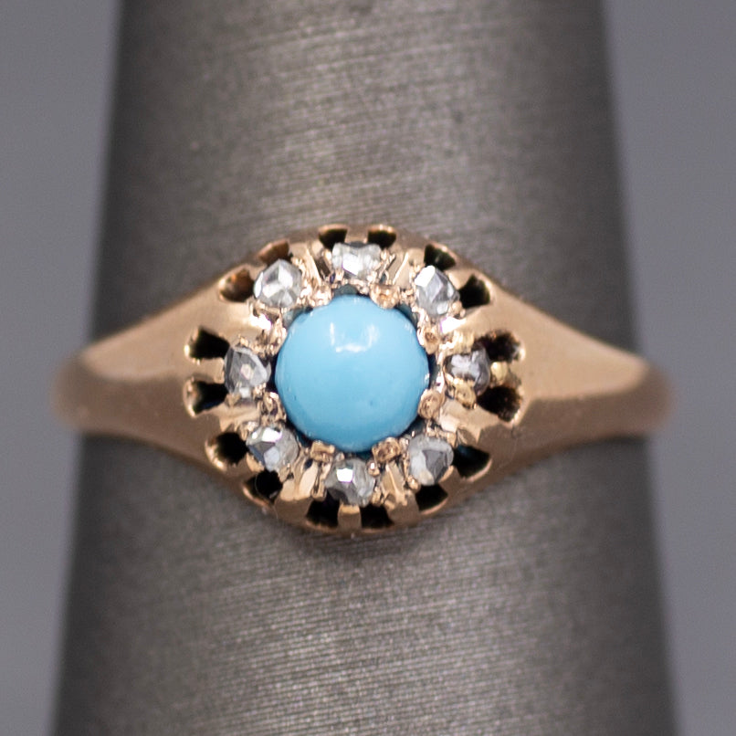 Darling Victorian Turquoise and Rose Cut Diamond Halo Ring in 14k Rose Gold