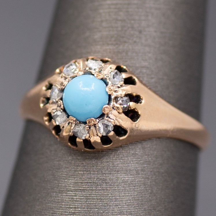 Darling Victorian Turquoise and Rose Cut Diamond Halo Ring in 14k Rose Gold