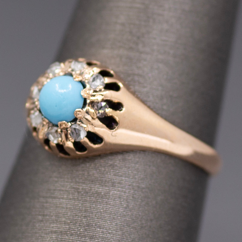 Darling Victorian Turquoise and Rose Cut Diamond Halo Ring in 14k Rose Gold