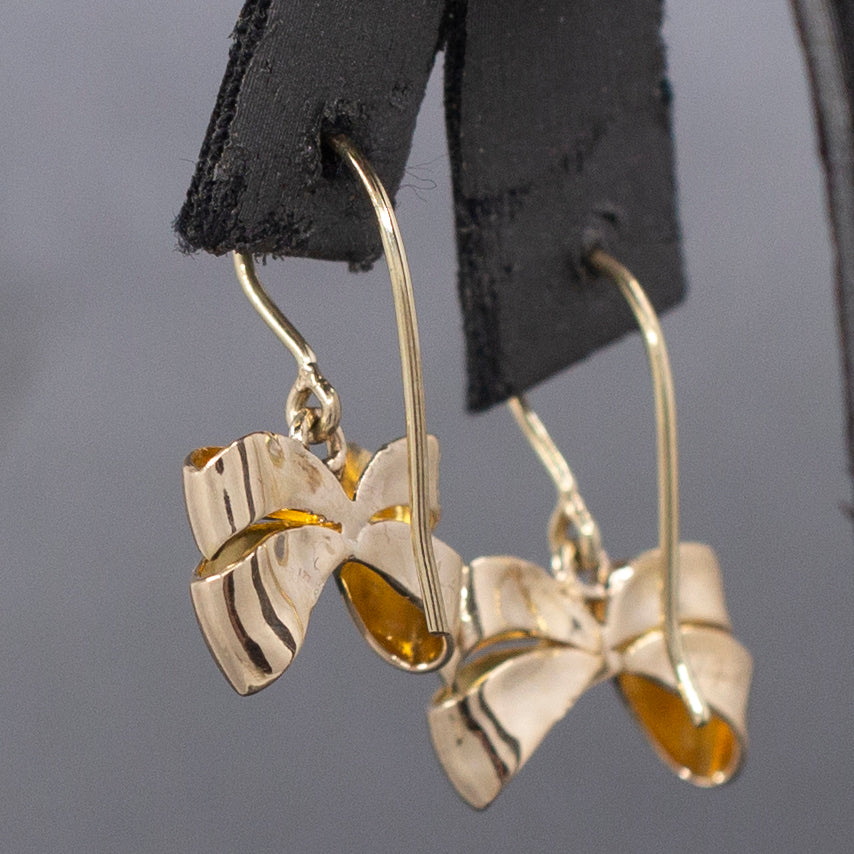 Absolutely Adorable Vintage Ribbon Bow Dangle Earrings in 14k Yellow Gold