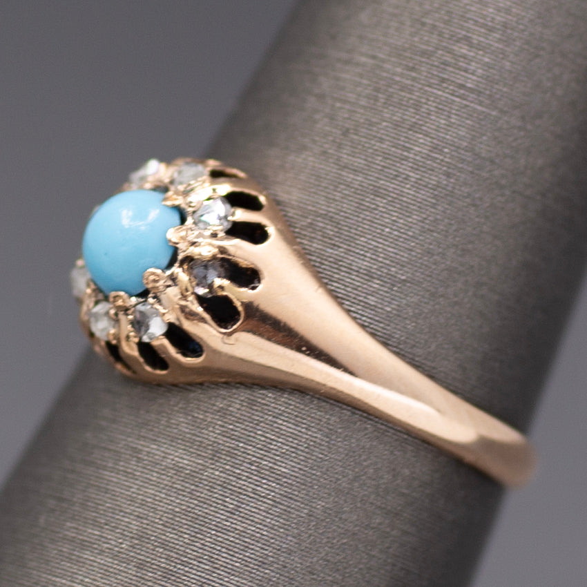 Darling Victorian Turquoise and Rose Cut Diamond Halo Ring in 14k Rose Gold