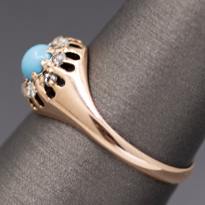 Darling Victorian Turquoise and Rose Cut Diamond Halo Ring in 14k Rose Gold