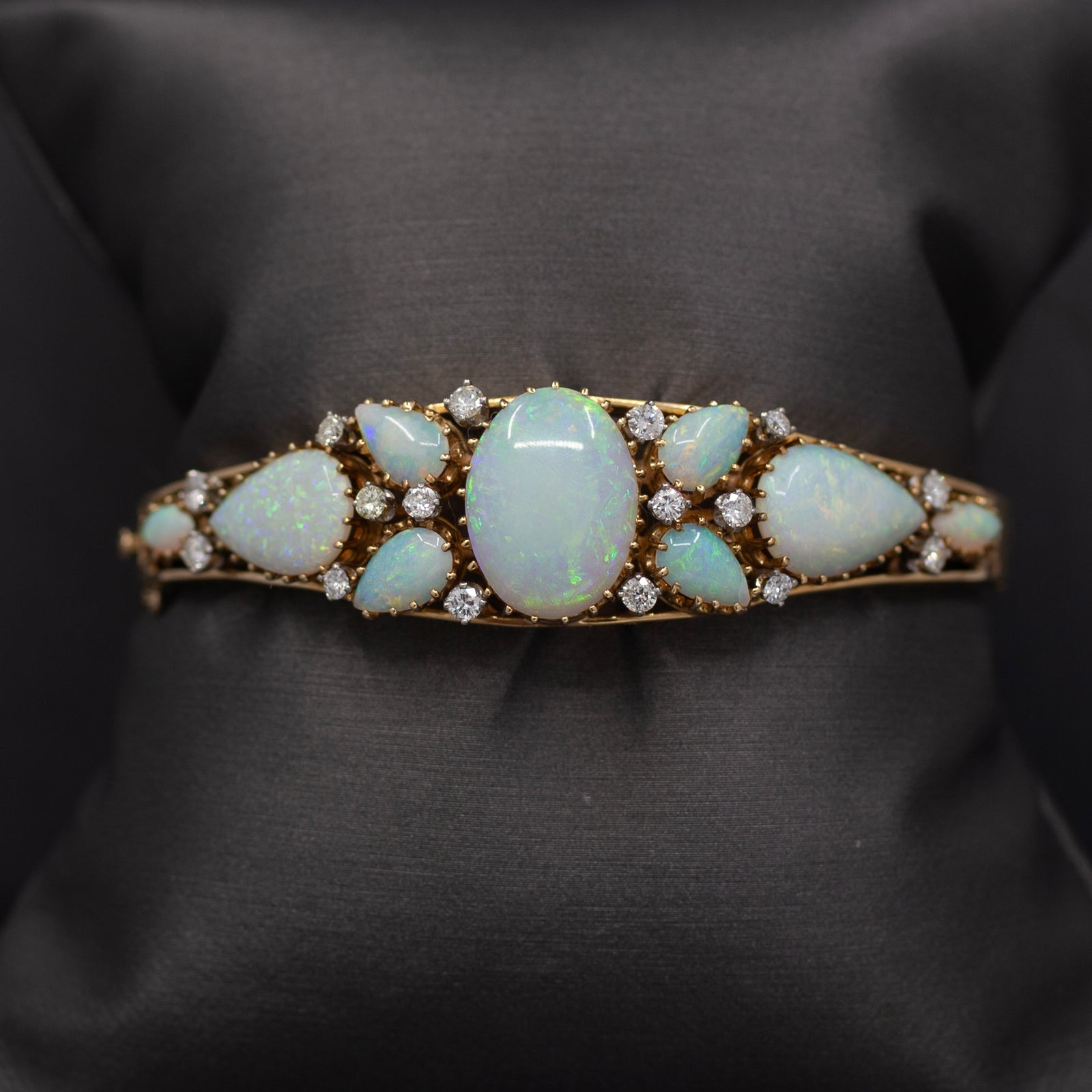 Exquisite Australian Opal and Diamond Bangle Bracelet in 14k Yellow Gold