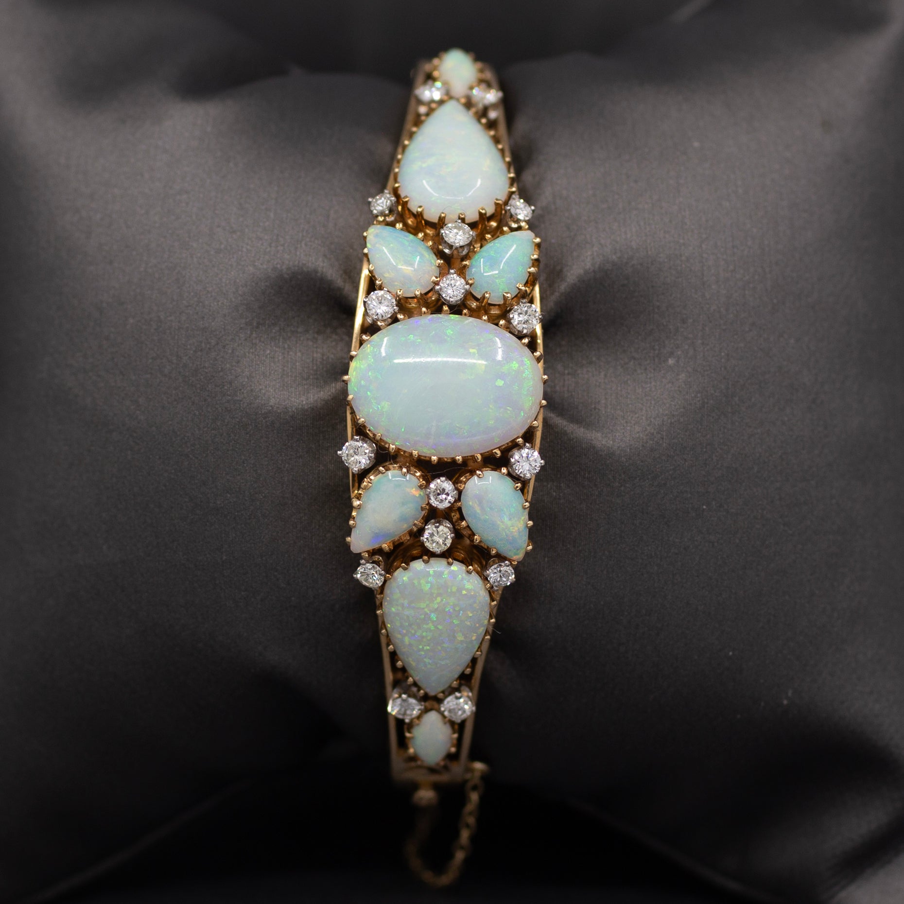 Exquisite Australian Opal and Diamond Bangle Bracelet in 14k Yellow Gold
