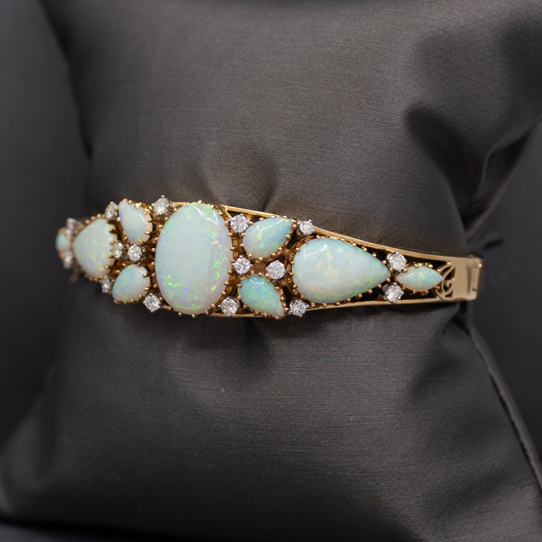 Exquisite Australian Opal and Diamond Bangle Bracelet in 14k Yellow Gold