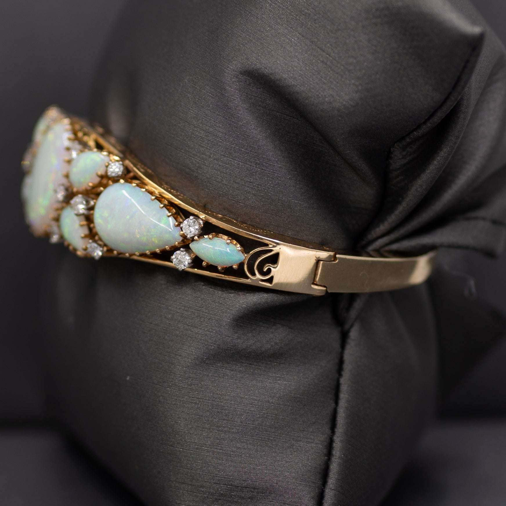 Exquisite Australian Opal and Diamond Bangle Bracelet in 14k Yellow Gold