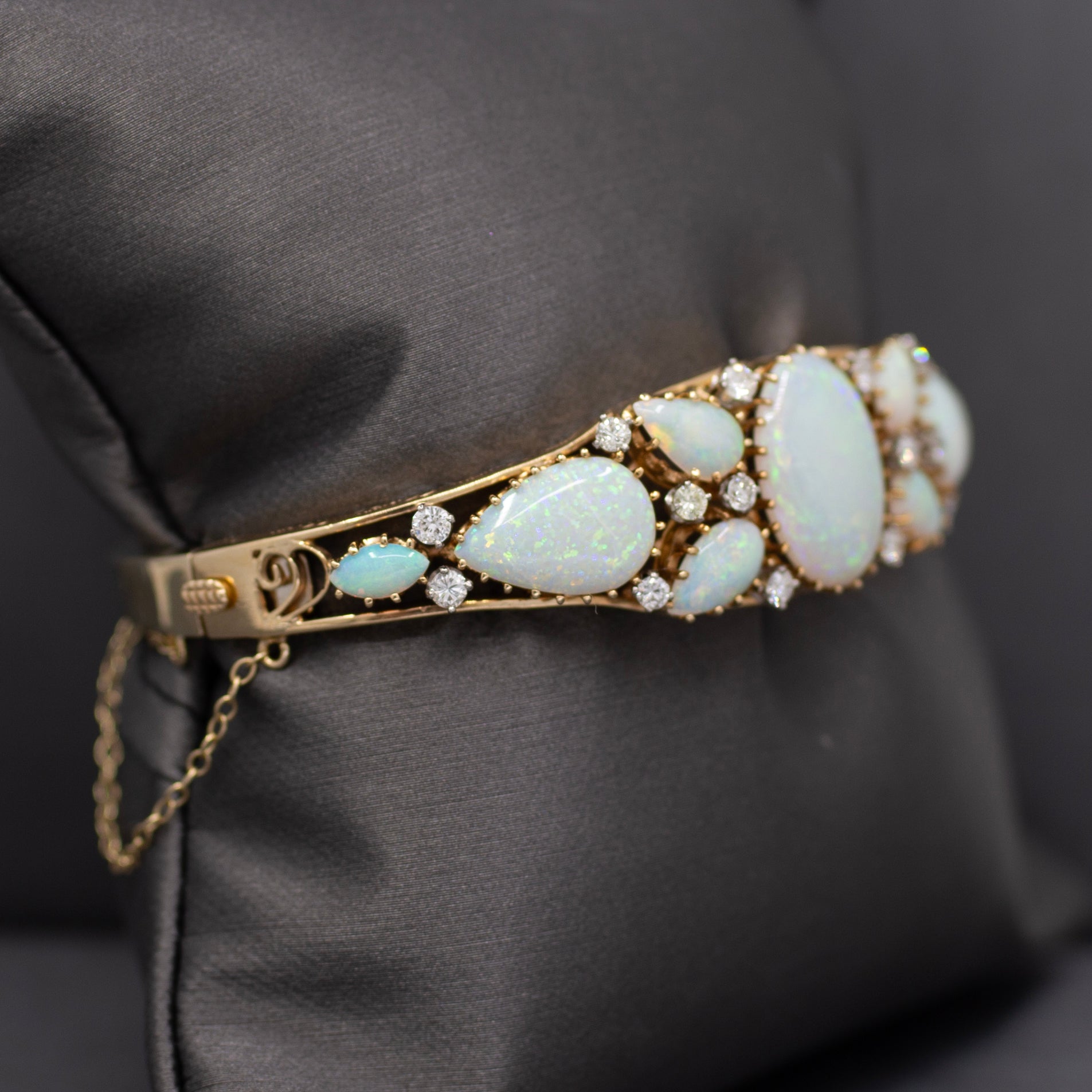 Exquisite Australian Opal and Diamond Bangle Bracelet in 14k Yellow Gold