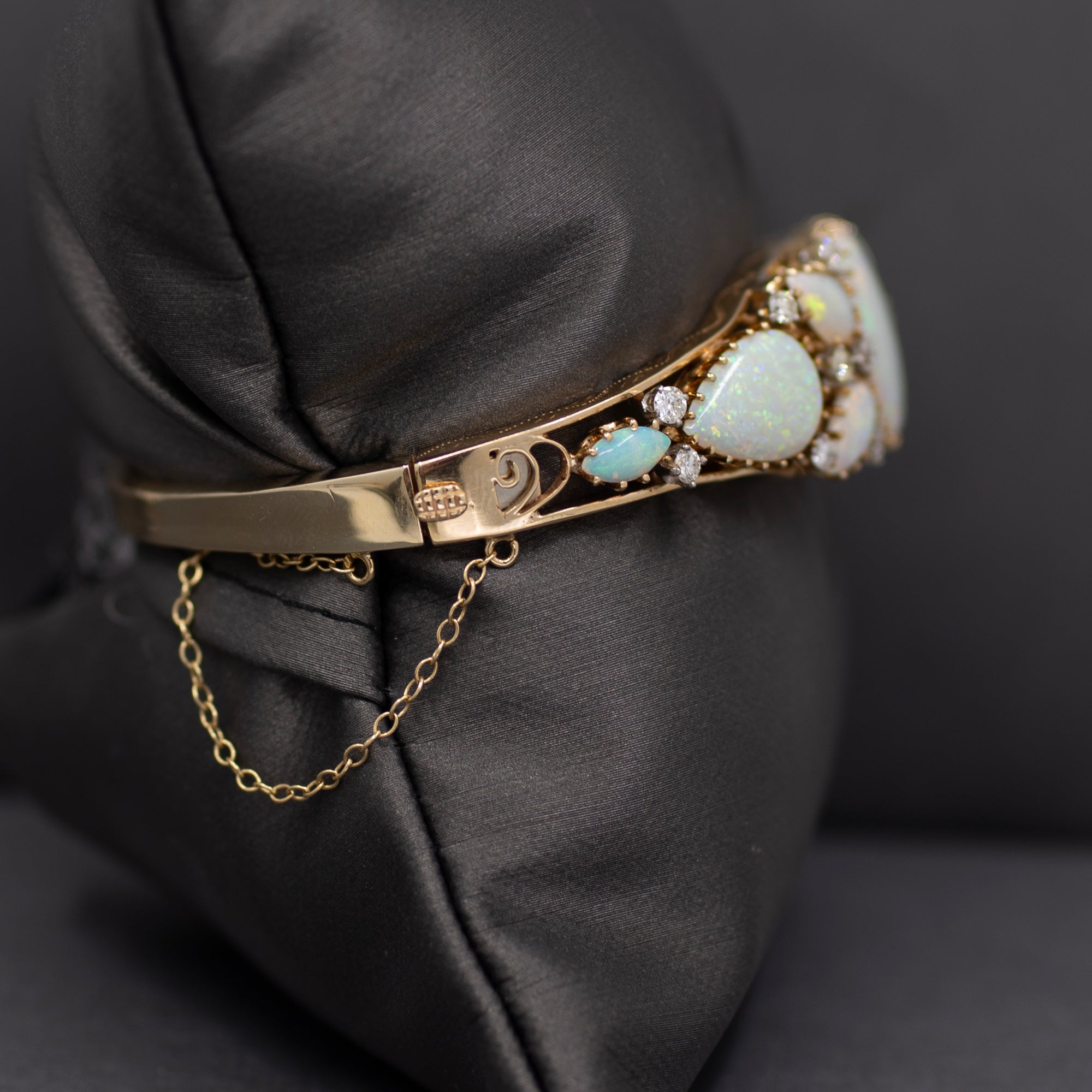 Exquisite Australian Opal and Diamond Bangle Bracelet in 14k Yellow Gold
