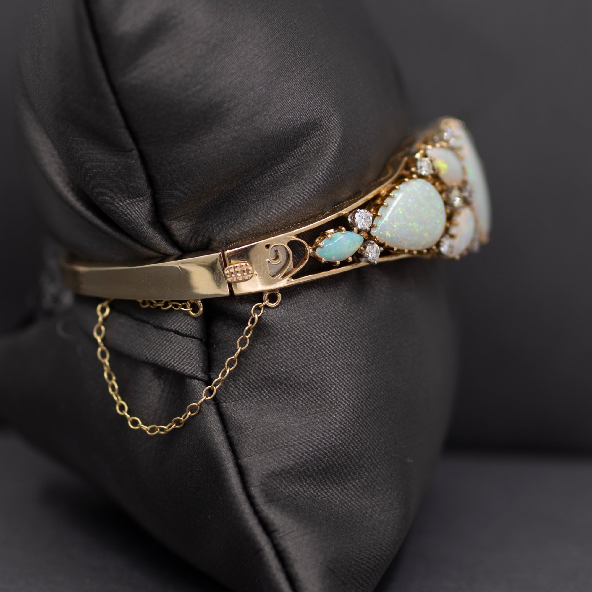 Exquisite Australian Opal and Diamond Bangle Bracelet in 14k Yellow Gold