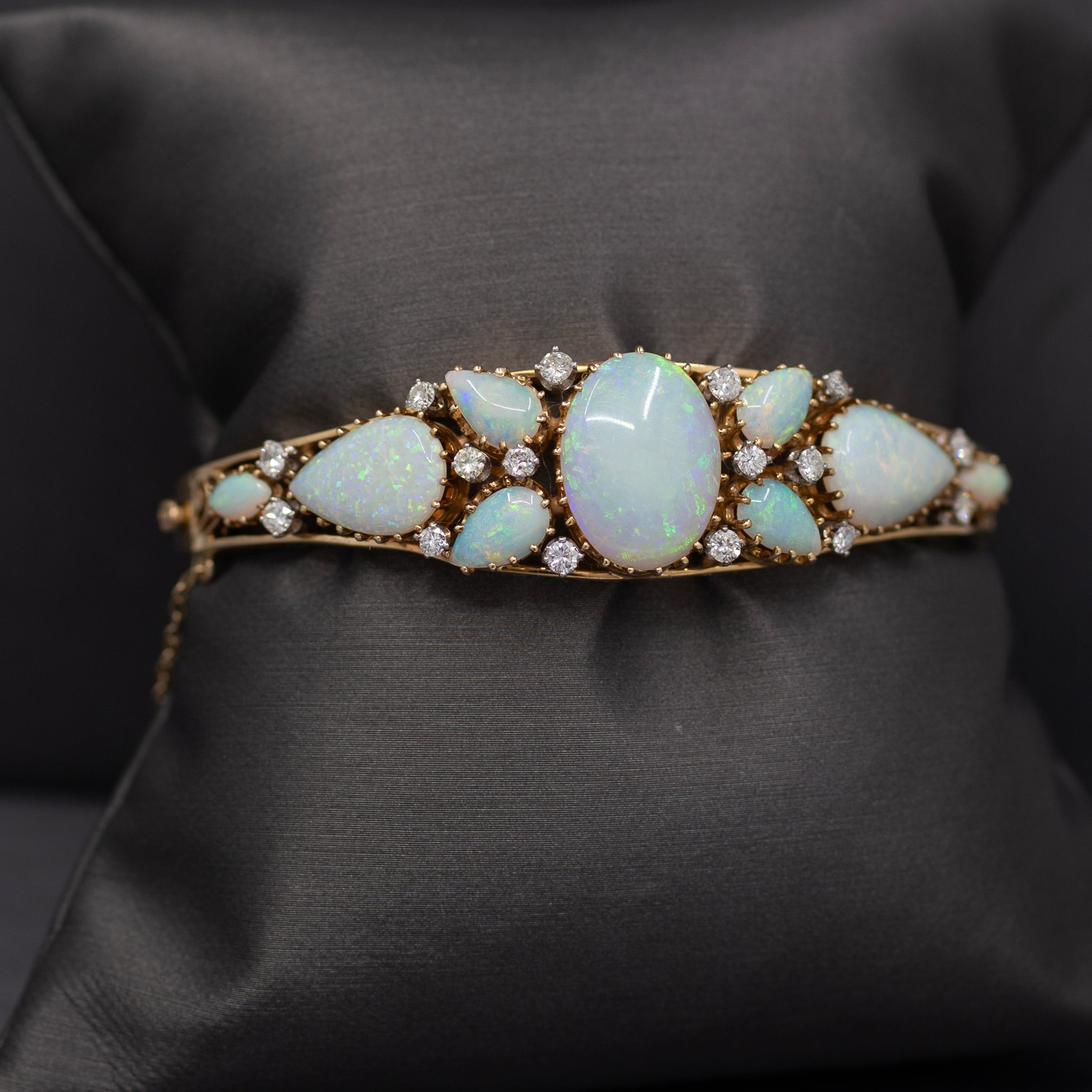 Exquisite Australian Opal and Diamond Bangle Bracelet in 14k Yellow Gold