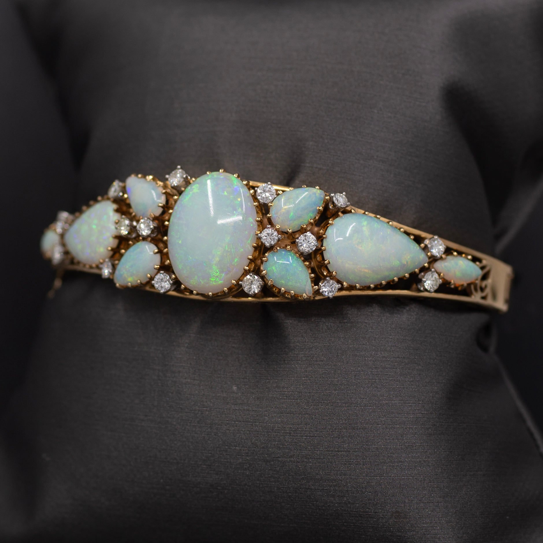 Exquisite Australian Opal and Diamond Bangle Bracelet in 14k Yellow Gold