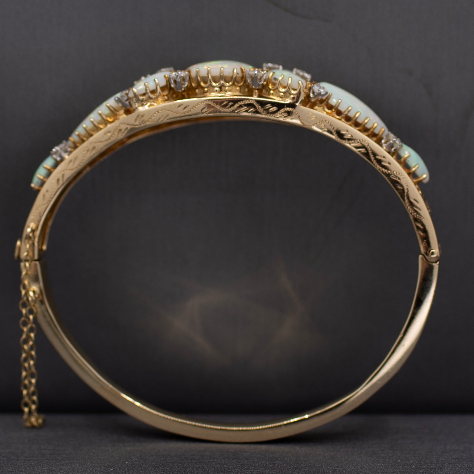 Exquisite Australian Opal and Diamond Bangle Bracelet in 14k Yellow Gold