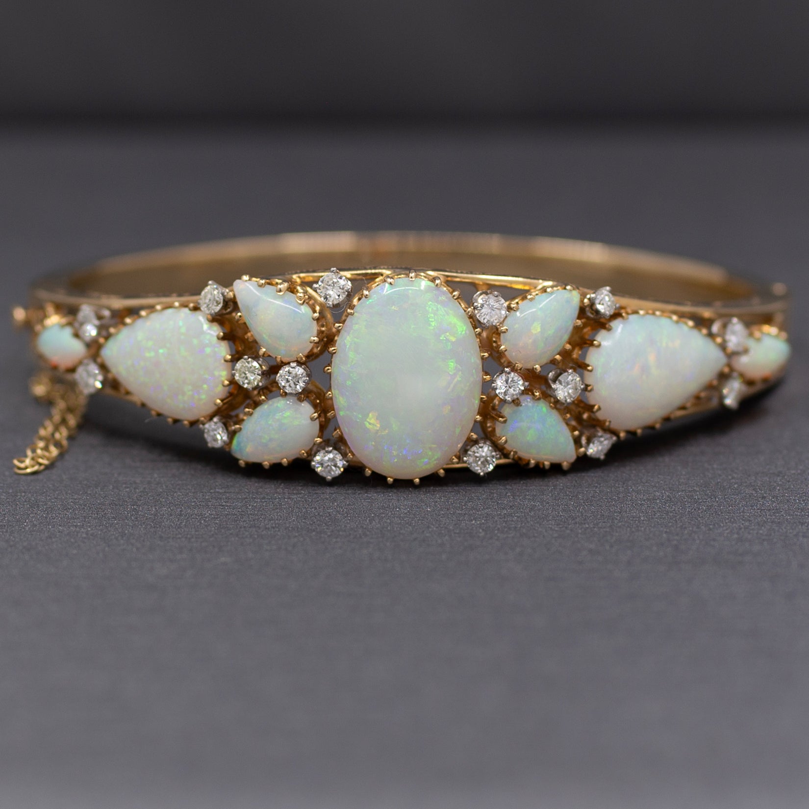 Exquisite Australian Opal and Diamond Bangle Bracelet in 14k Yellow Gold
