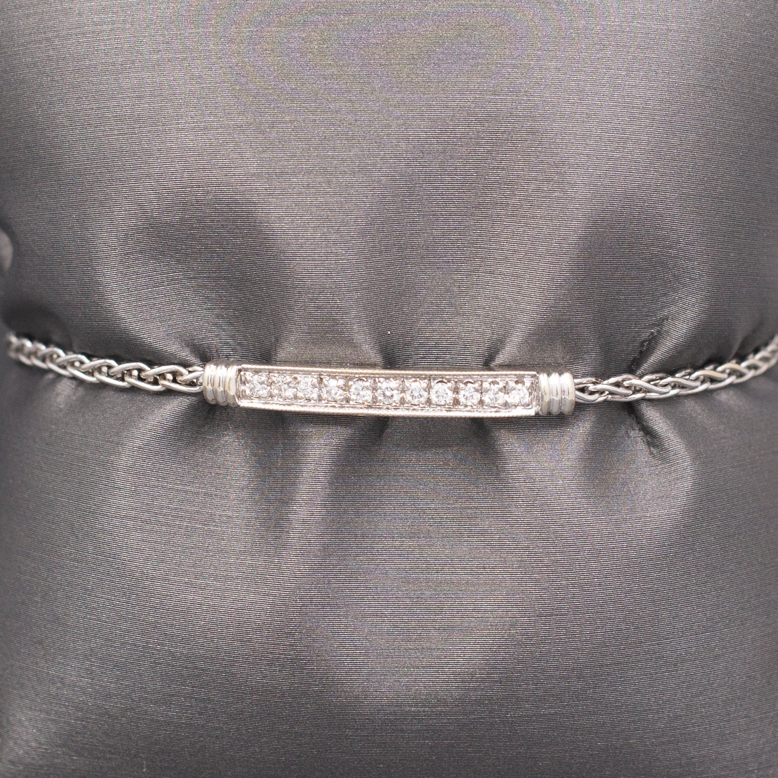 Vintage Natural Diamond Bar Bracelet with Wheat Chain Links in 14k White Gold