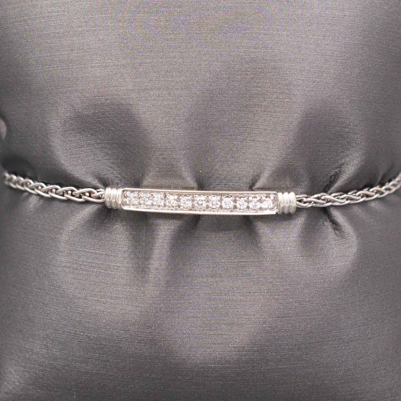 Vintage Natural Diamond Bar Bracelet with Wheat Chain Links in 14k White Gold