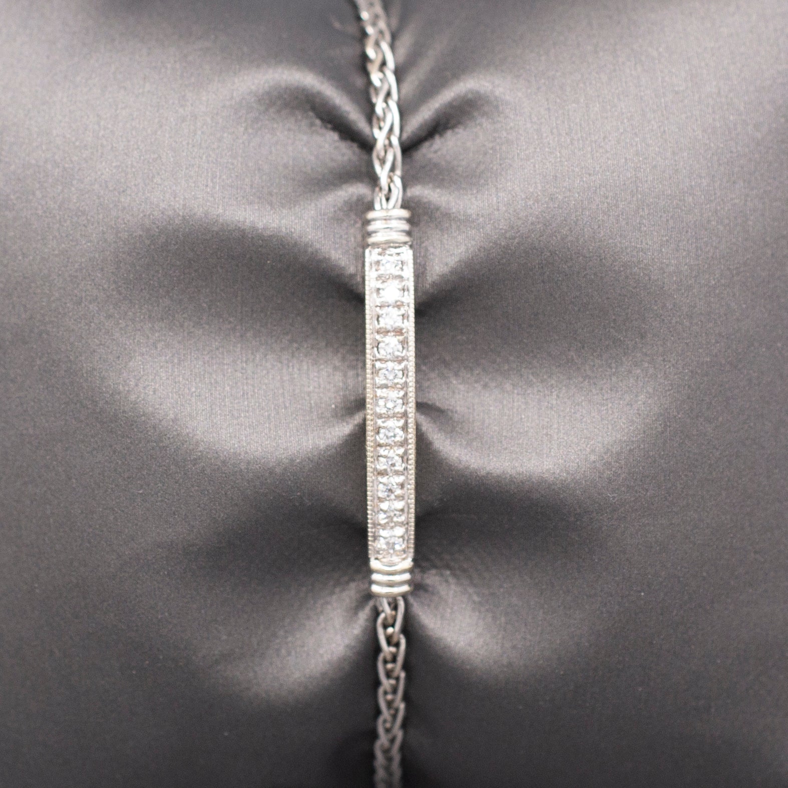 Vintage Natural Diamond Bar Bracelet with Wheat Chain Links in 14k White Gold