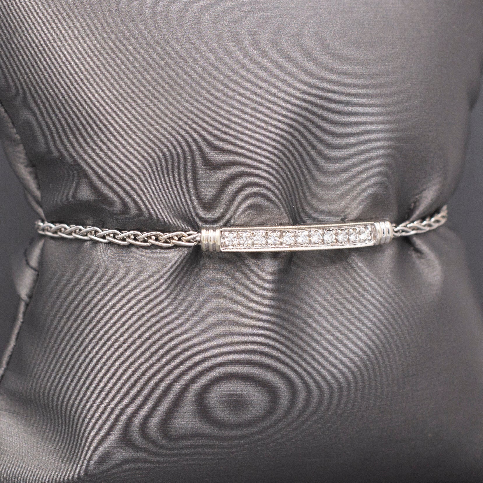 Vintage Natural Diamond Bar Bracelet with Wheat Chain Links in 14k White Gold