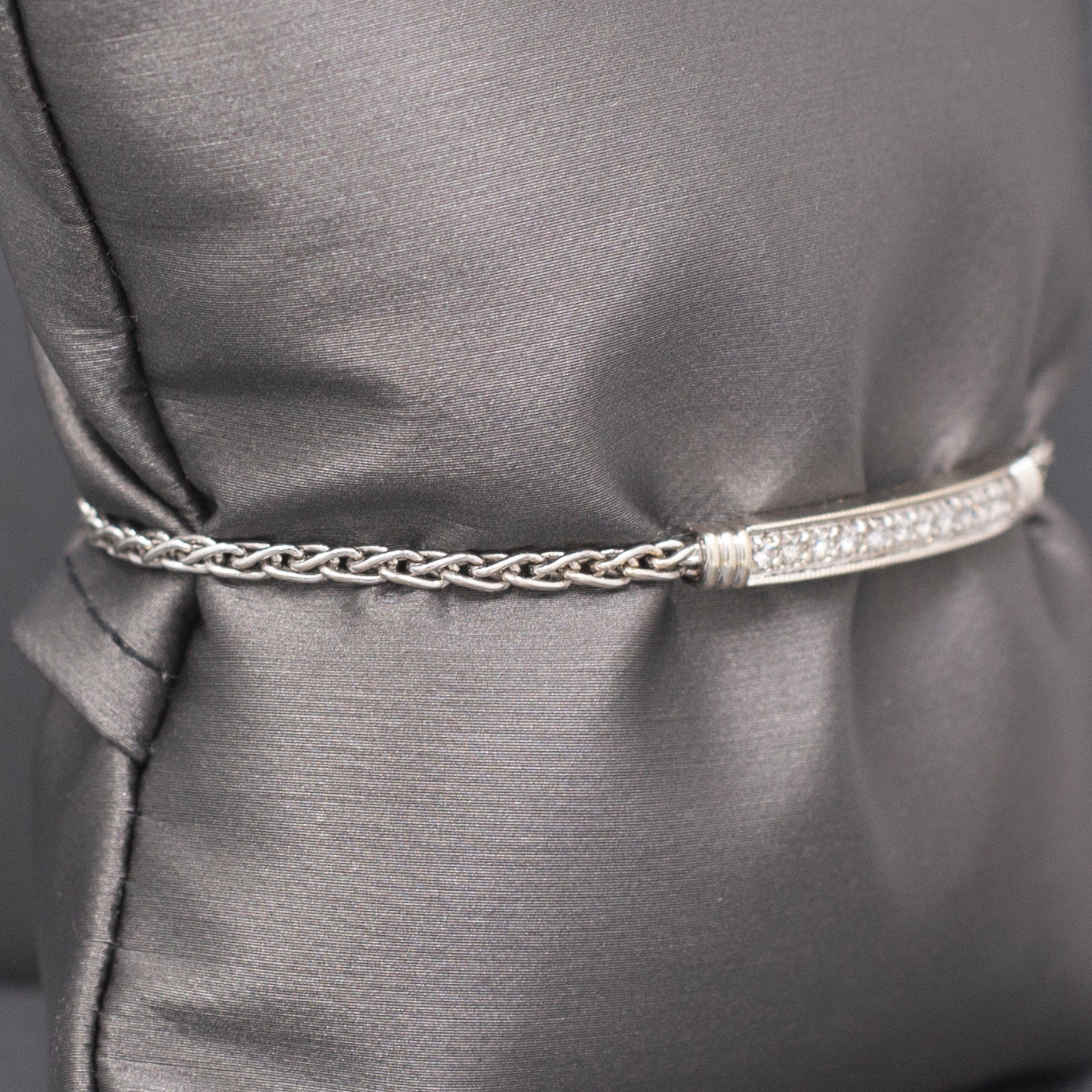 Vintage Natural Diamond Bar Bracelet with Wheat Chain Links in 14k White Gold