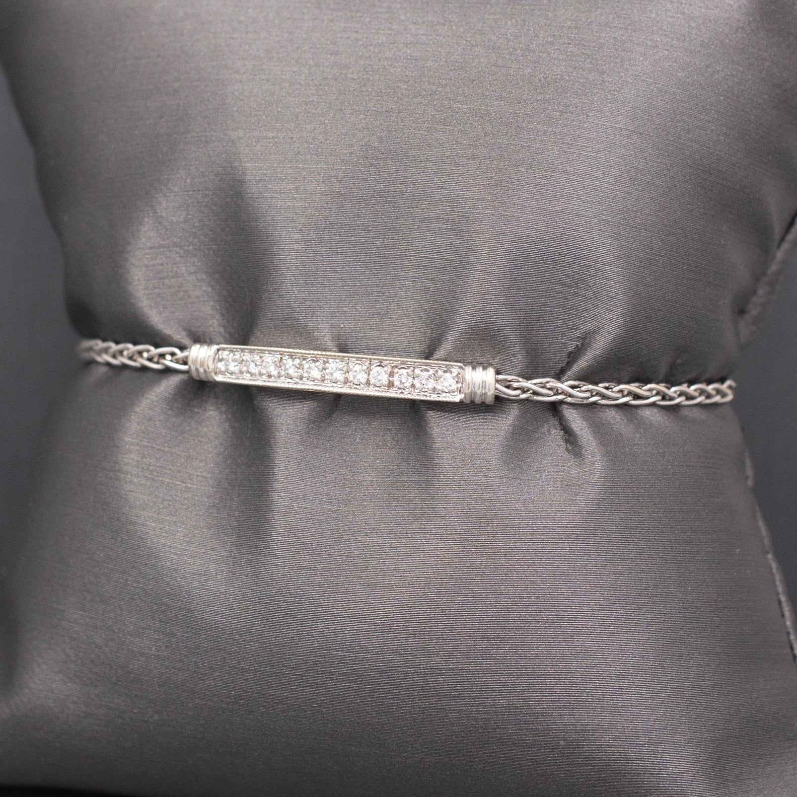 Vintage Natural Diamond Bar Bracelet with Wheat Chain Links in 14k White Gold