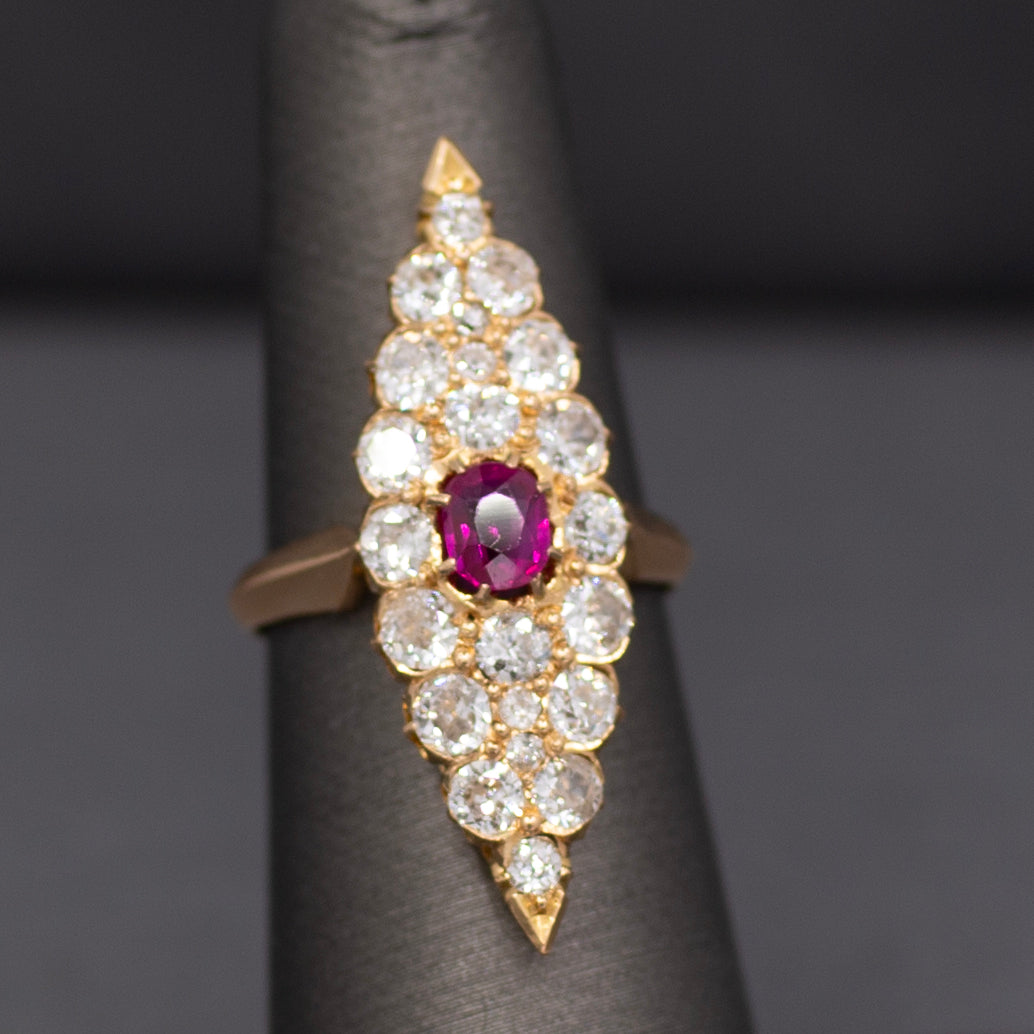 GIA Certified Ruby and Old European Cut Diamond Navette Ring in 14k Yellow Gold