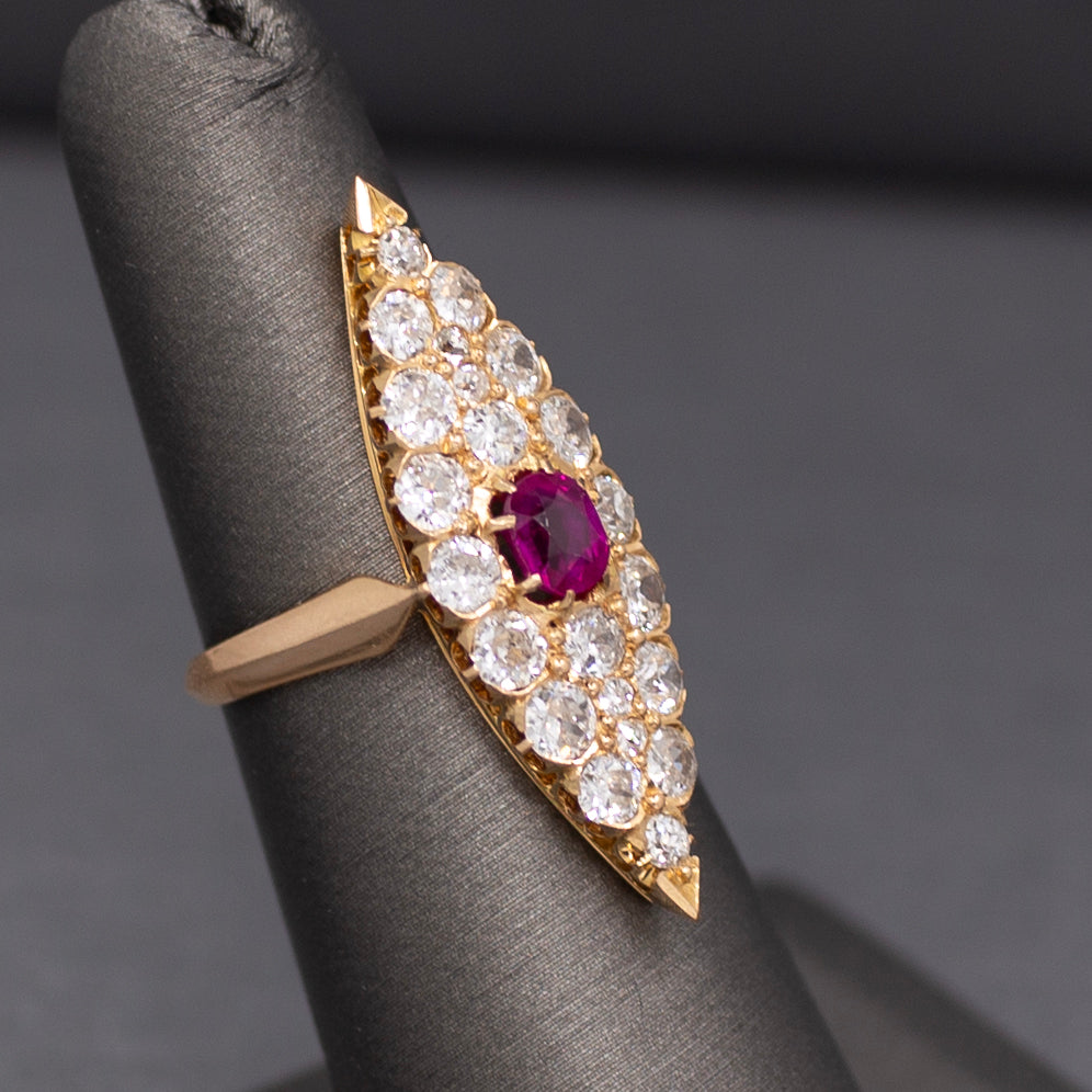 GIA Certified Ruby and Old European Cut Diamond Navette Ring in 14k Yellow Gold