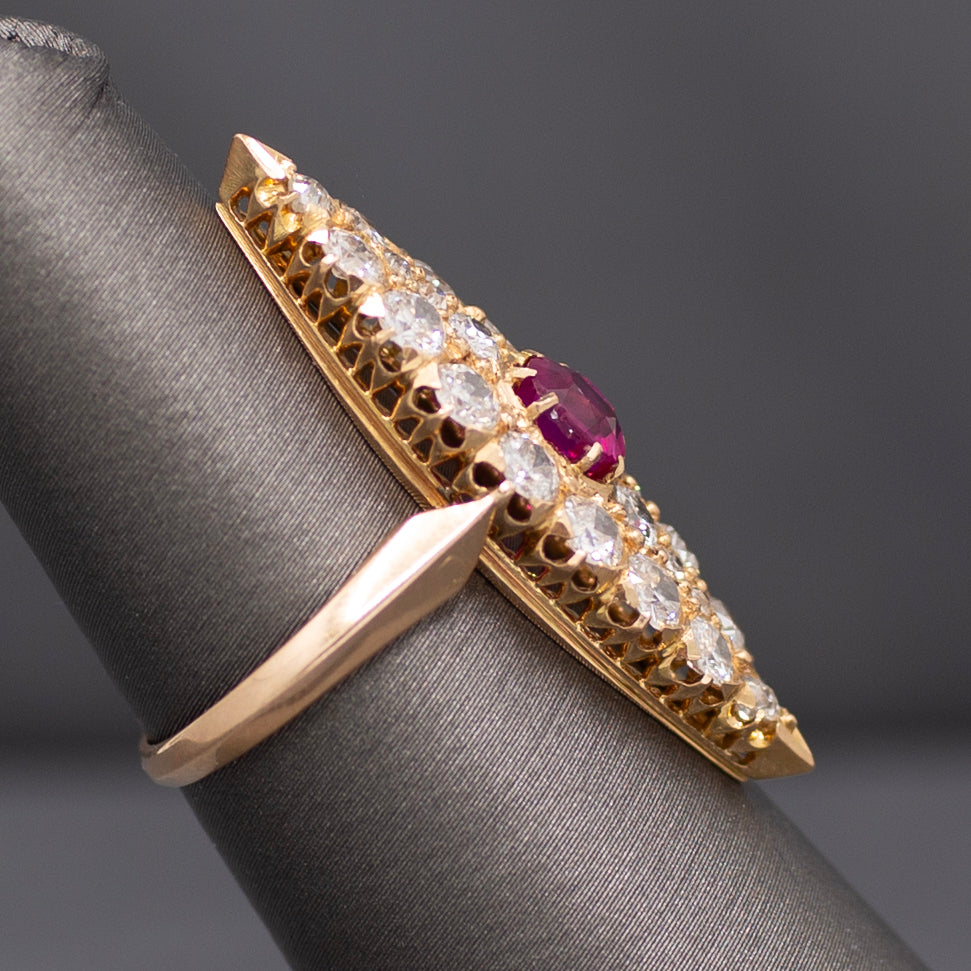GIA Certified Ruby and Old European Cut Diamond Navette Ring in 14k Yellow Gold