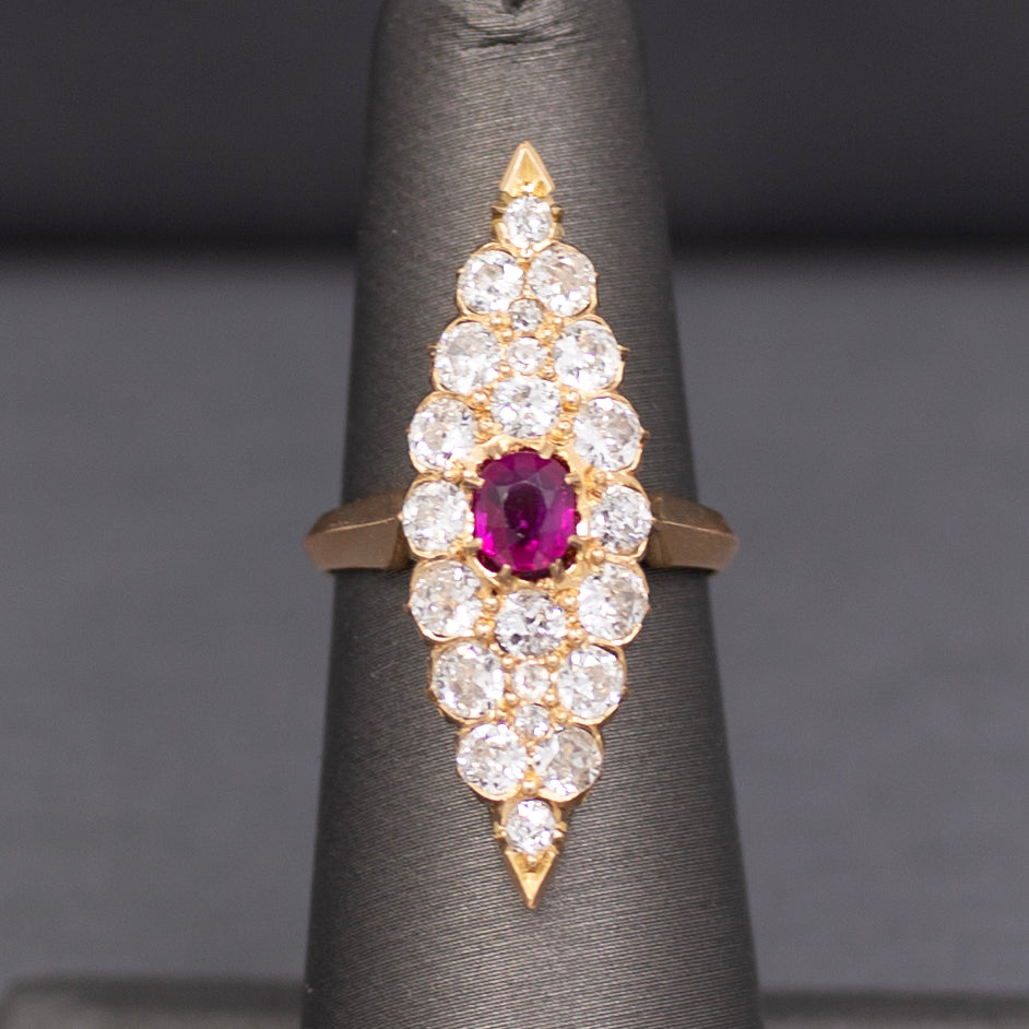 GIA Certified Ruby and Old European Cut Diamond Navette Ring in 14k Yellow Gold