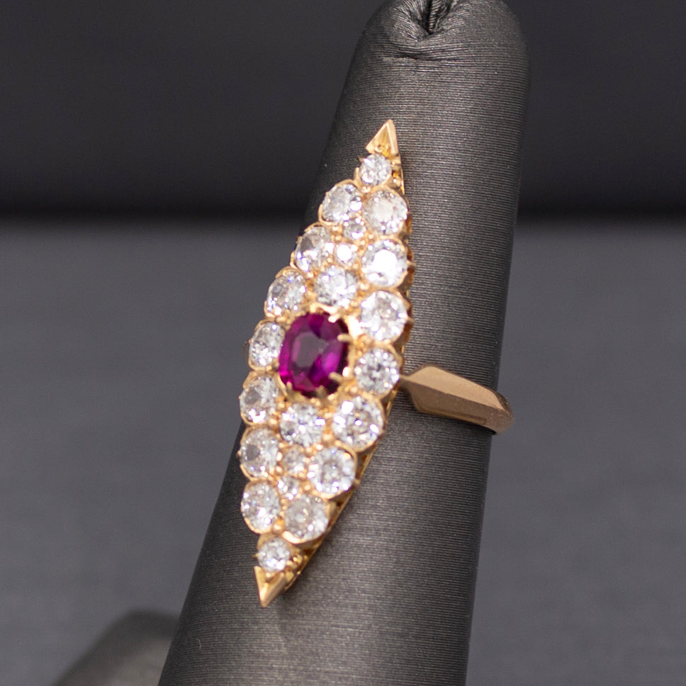 GIA Certified Ruby and Old European Cut Diamond Navette Ring in 14k Yellow Gold