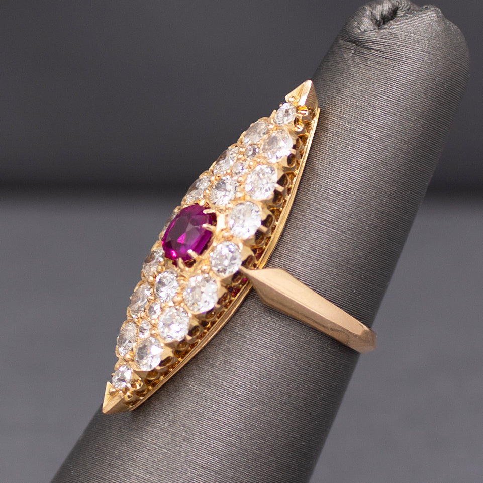 GIA Certified Ruby and Old European Cut Diamond Navette Ring in 14k Yellow Gold