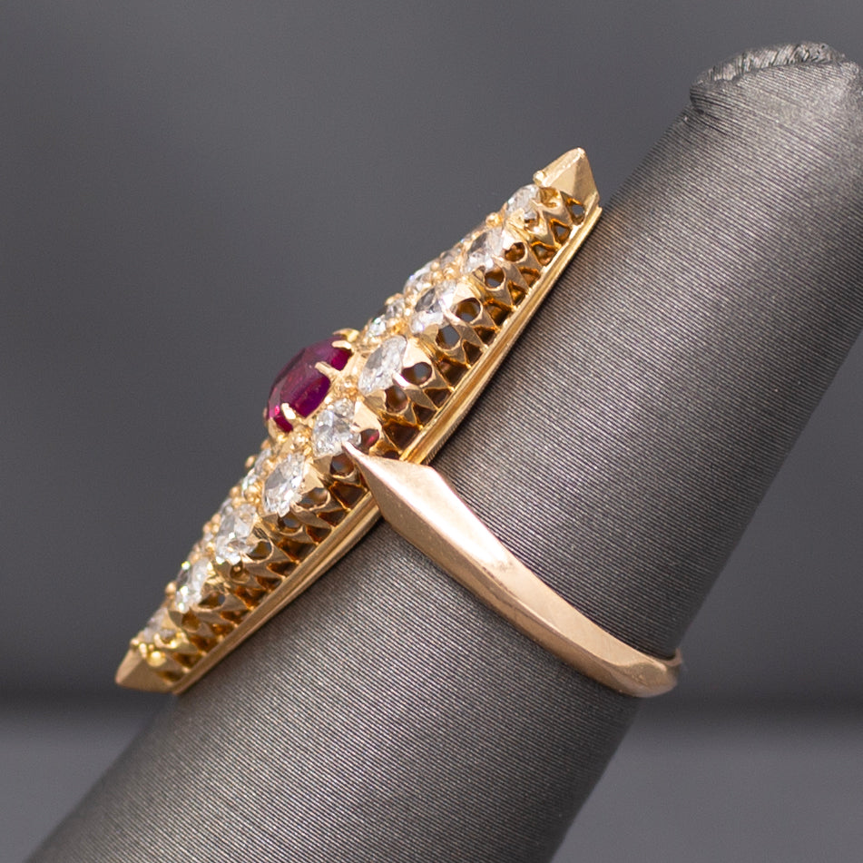 GIA Certified Ruby and Old European Cut Diamond Navette Ring in 14k Yellow Gold