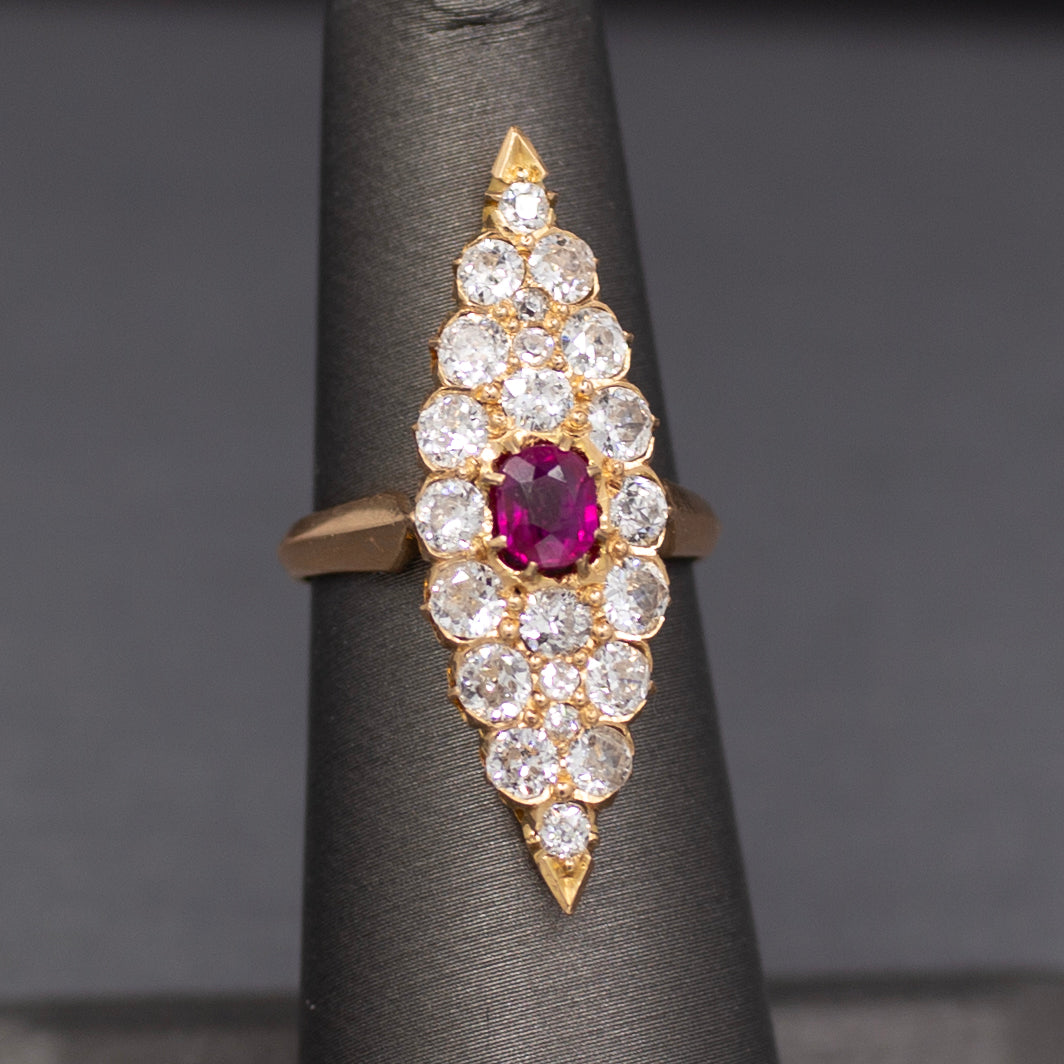 GIA Certified Ruby and Old European Cut Diamond Navette Ring in 14k Yellow Gold
