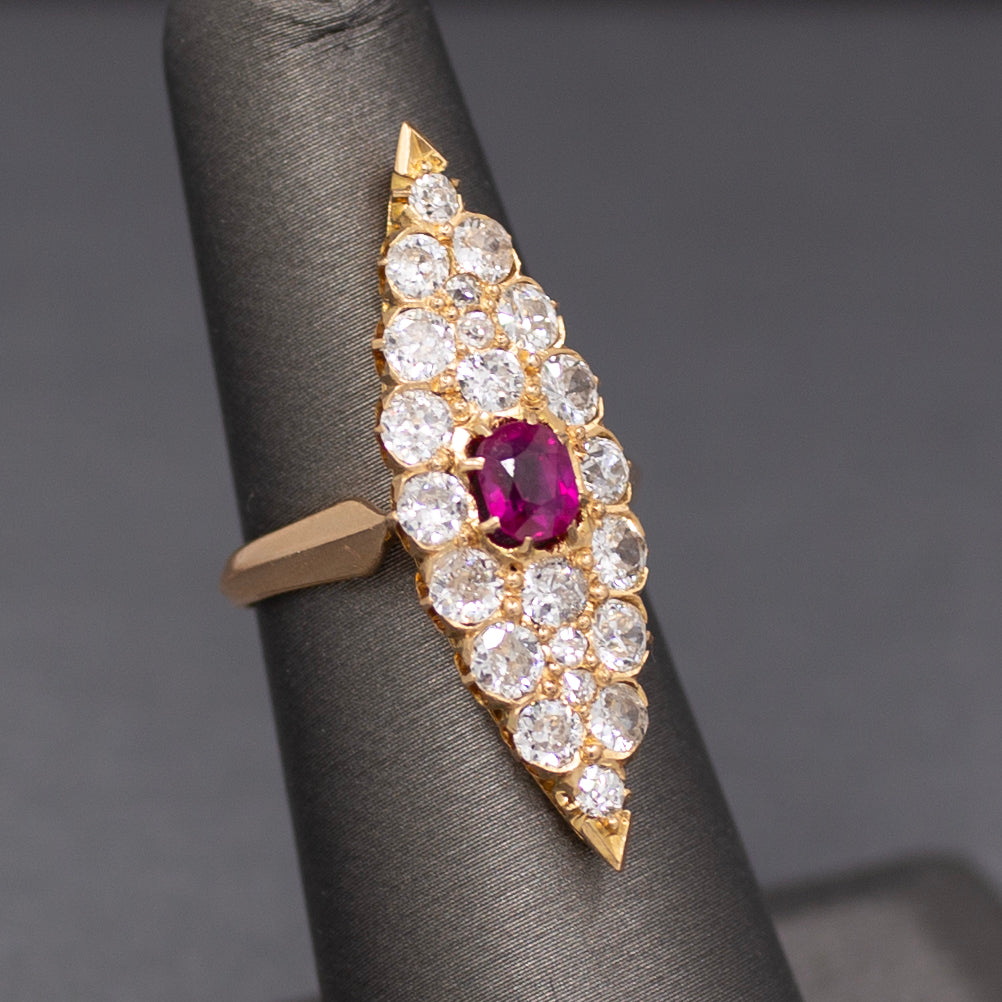 GIA Certified Ruby and Old European Cut Diamond Navette Ring in 14k Yellow Gold