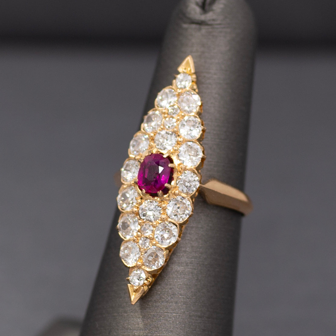 GIA Certified Ruby and Old European Cut Diamond Navette Ring in 14k Yellow Gold