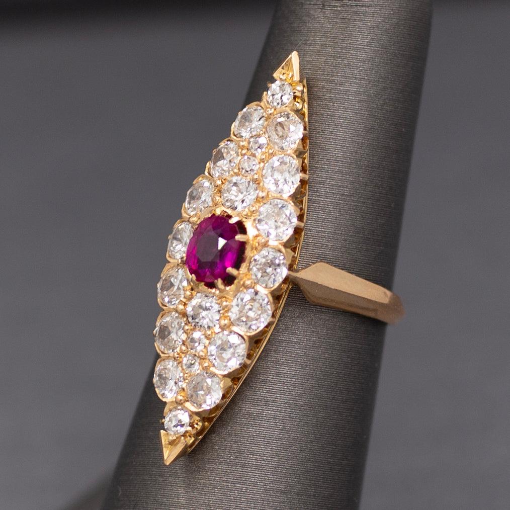 GIA Certified Ruby and Old European Cut Diamond Navette Ring in 14k Yellow Gold