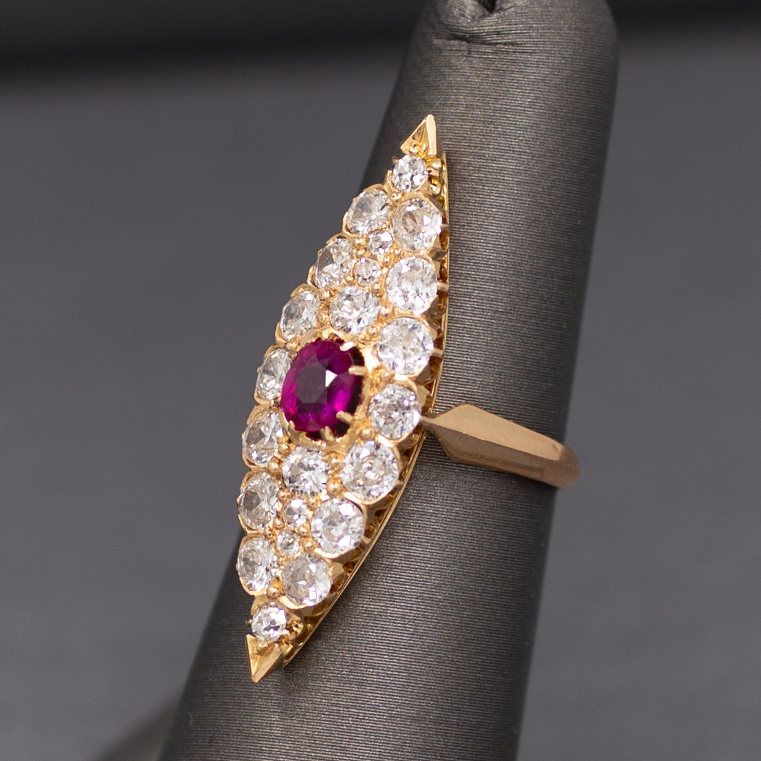 GIA Certified Ruby and Old European Cut Diamond Navette Ring in 14k Yellow Gold