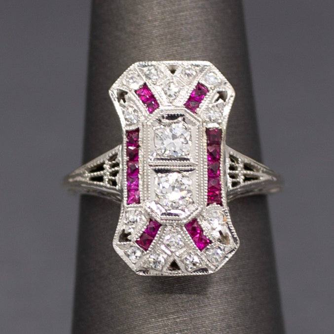 Art Deco Old European Cut and Ruby Cocktail Ring in Platinum
