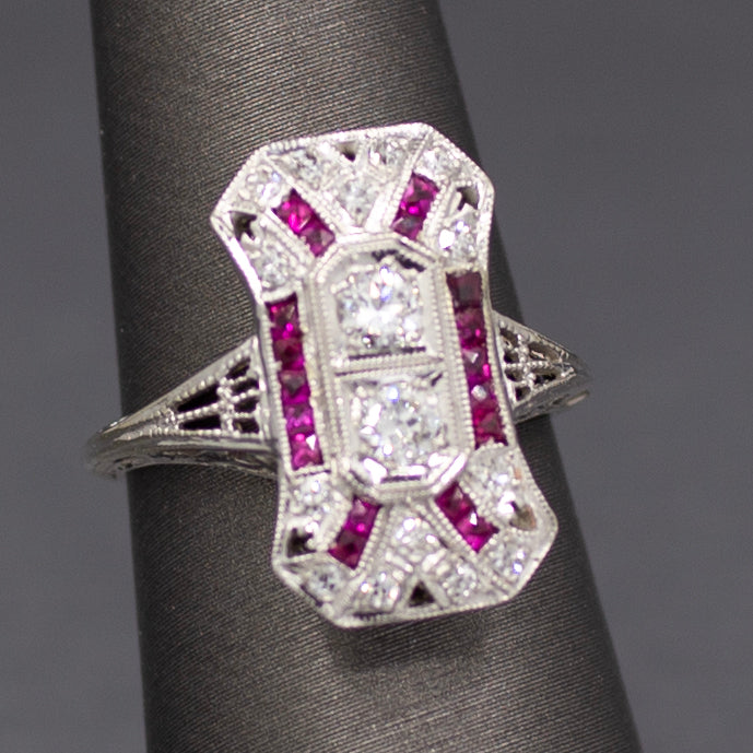 Art Deco Old European Cut and Ruby Cocktail Ring in Platinum