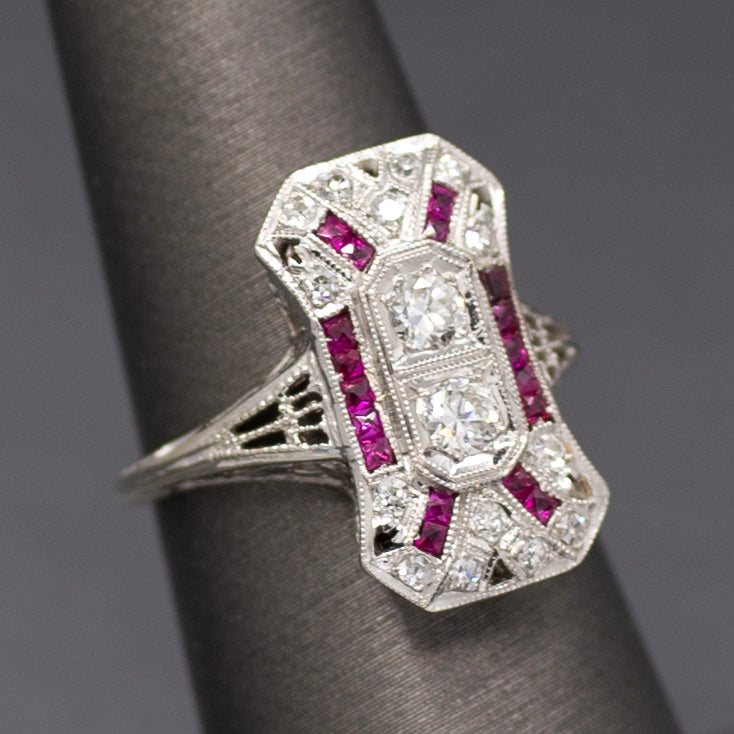 Art Deco Old European Cut and Ruby Cocktail Ring in Platinum