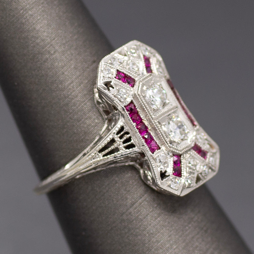 Art Deco Old European Cut and Ruby Cocktail Ring in Platinum