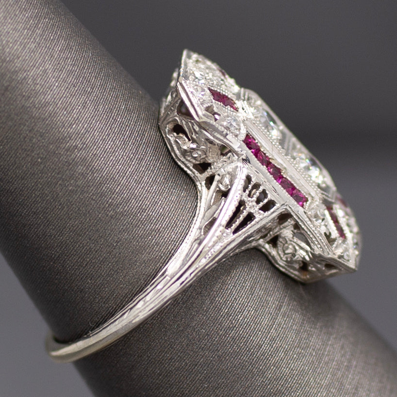 Art Deco Old European Cut and Ruby Cocktail Ring in Platinum