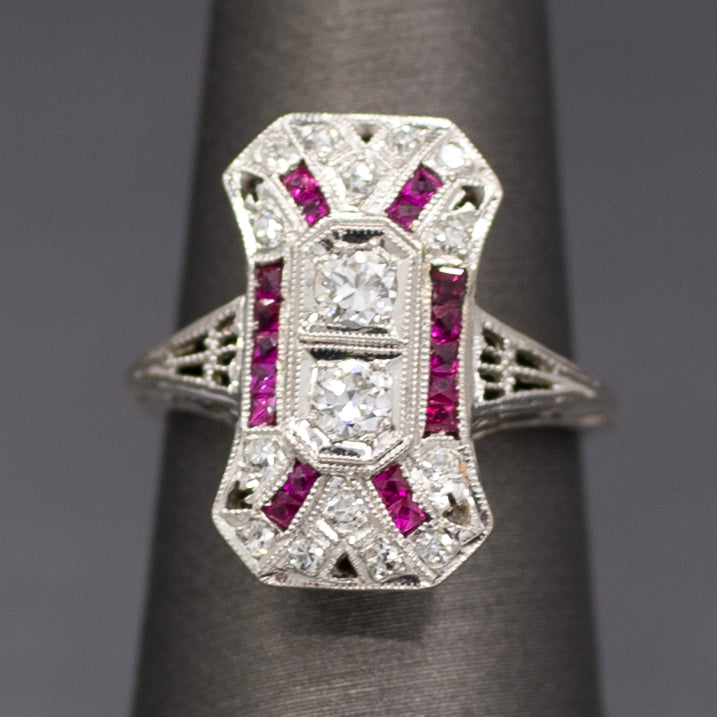 Art Deco Old European Cut and Ruby Cocktail Ring in Platinum