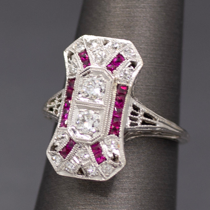 Art Deco Old European Cut and Ruby Cocktail Ring in Platinum