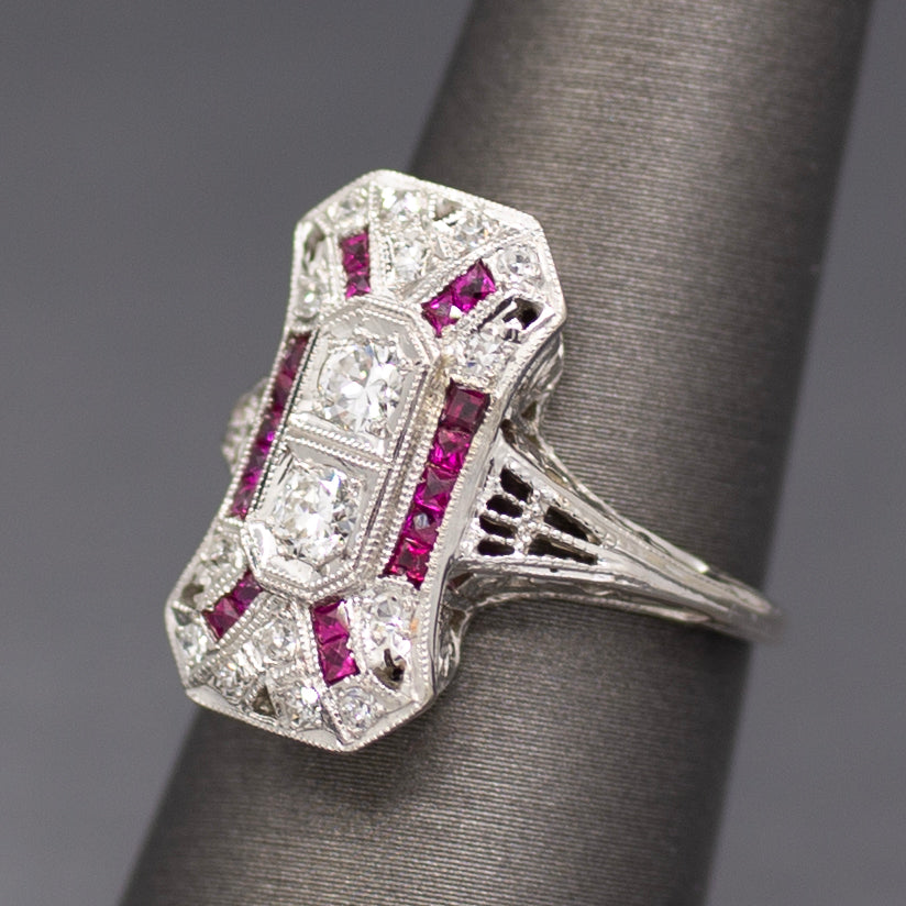 Art Deco Old European Cut and Ruby Cocktail Ring in Platinum